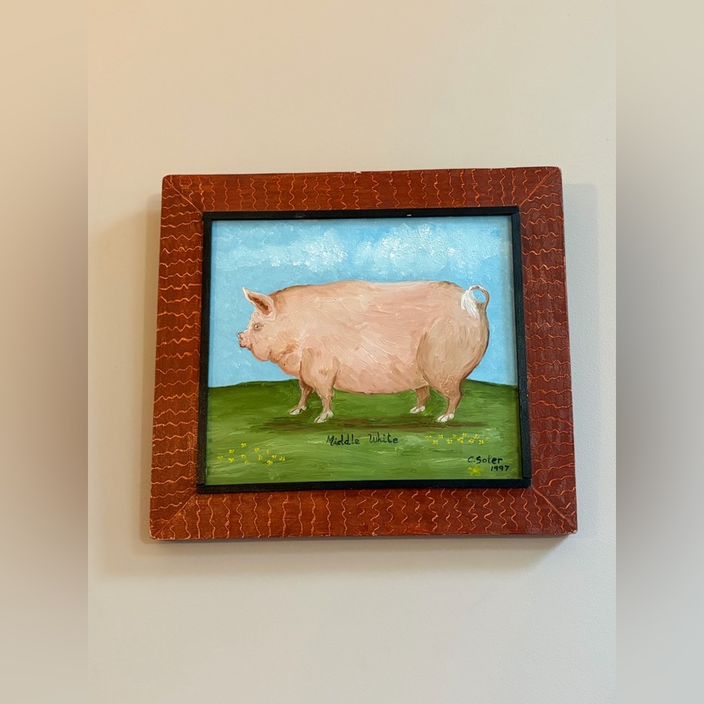 Vintage Cristina Soler Middle White Pig Painting Framed Farmhouse Country Art